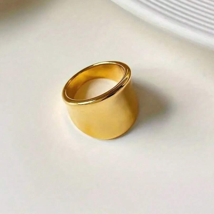 1 chiếc nhẫn nữ bằng thép titan mới, mặt rộng, kiểu dáng tối giản bất đối xứng, thời trang, cá nhân hóa. - Vàng - Xem 1