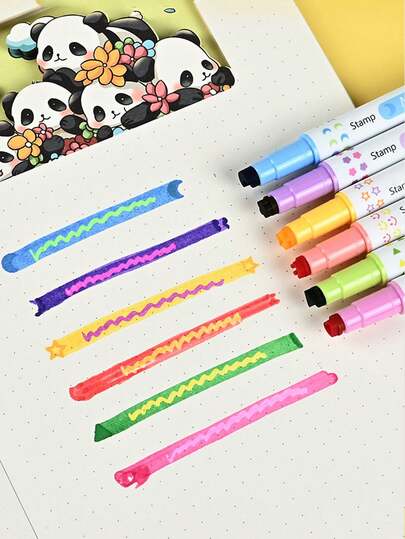 6pcs Creative Double-Ended Magic Color Changing Stamp Pens - Student Colorful Highlighter Markers, Large Capacity Emphasis Marker Pens, Suitable As Back To School Gifts, Classroom Rewards