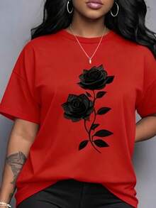 Spring Clothes Women's Clothing, Ladies Plus Size T-Shirt Black Rose Print - Casual Short Sleeve Round Neck Top, Medium Stretch Fabric, All-Season Com - 紅色 - 查看 17