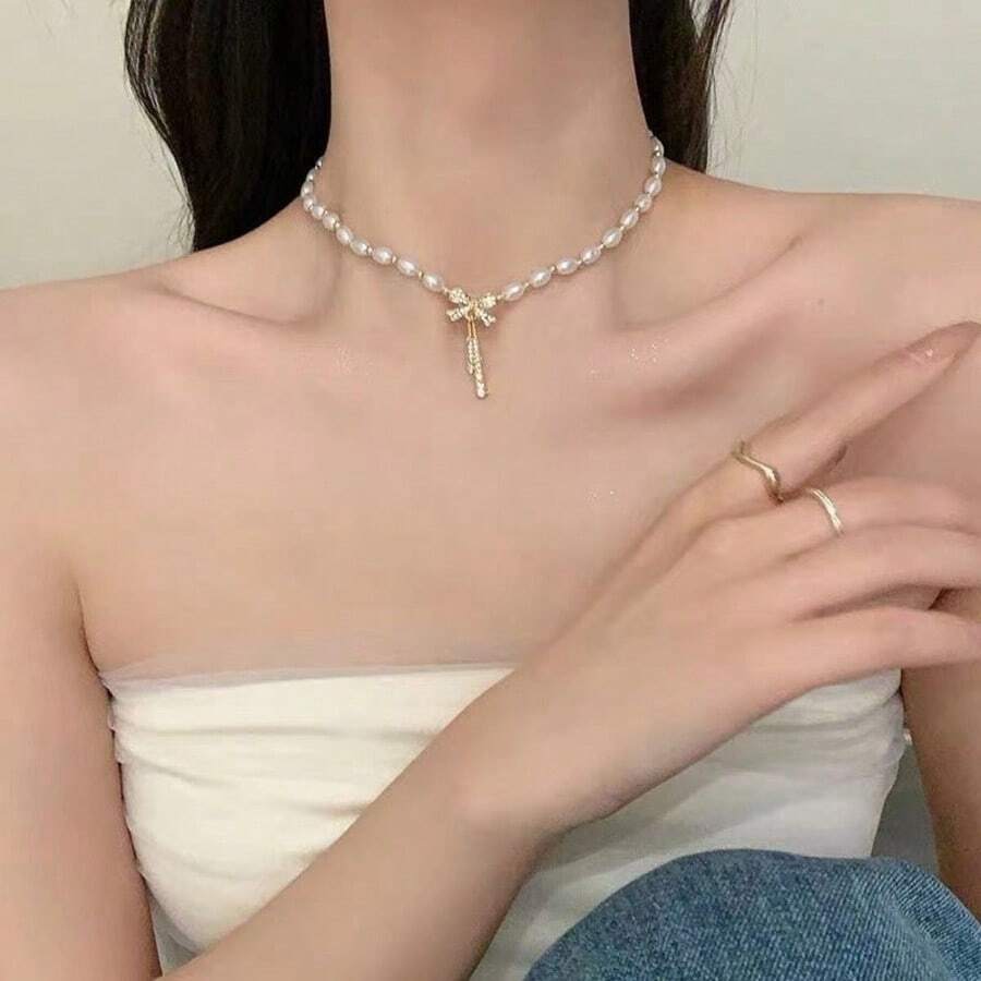 1 pieza Collar de perlas de moda con colgante de mariposa, de lujo, único, de alta gama, elegante, colgante de mariposa, cadena de clavícula, versátil para uso diario - Multicolor - Ver 1