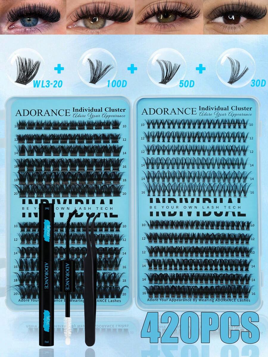 Bộ nối mi ADORANCE 420 sợi, 4 kiểu nối mi dài, 30D+50D+WL3-20+100D, bộ dụng cụ thân thiện với người mới bắt đầu bao gồm keo nối mi, chất làm kín và nhíp, tạo vẻ ngoài tự nhiên cho sử dụng hàng ngày, du lịch và các dịp đặc biệt. - màu đen - Xem 1