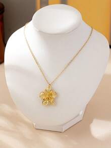 1pc Fashionable Minimalist Style Gold-Plated 5-Petal Flower Pendant Necklace, Suitable For Women's Daily Wear, Dates, Parties, And Travels - Yellow Gold - View 2
