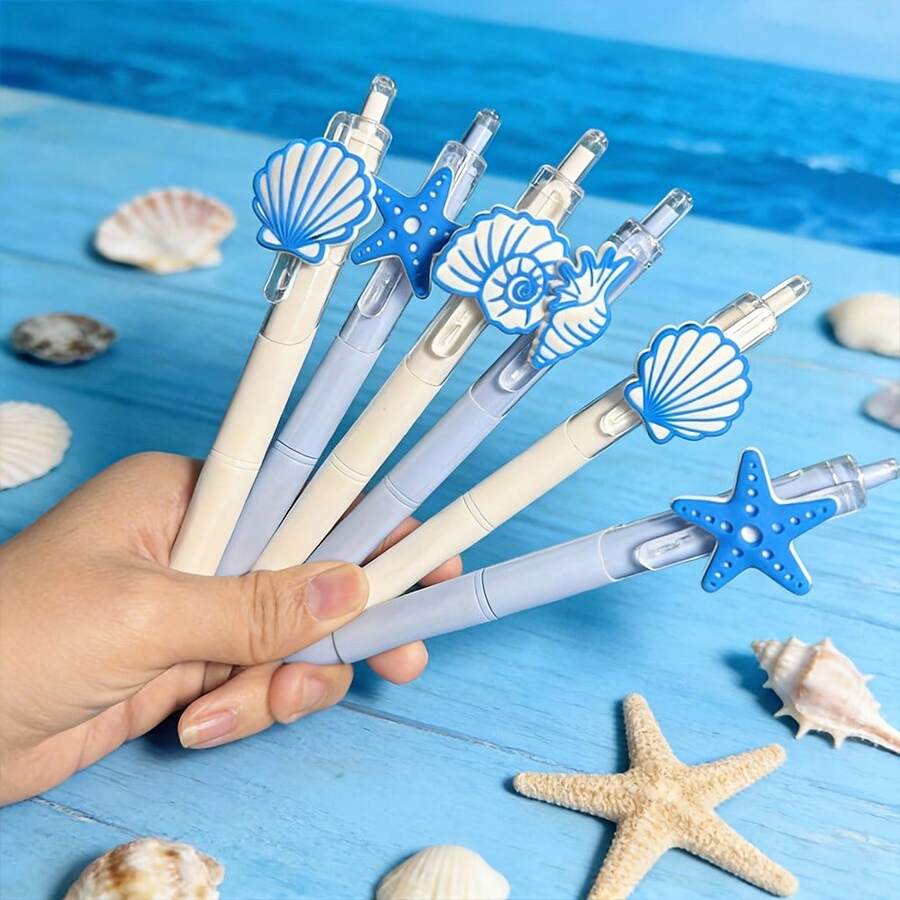 6 chiếc bút bi chủ đề đại dương, hình vỏ sò, sao biển, cá ngựa hoạt hình màu trắng và xanh nhạt dễ thương, mực đen, quà tặng mùa hè, bãi biển, văn phòng, tiệc tùng, bút màu trung tính. - Bộ - Xem 1