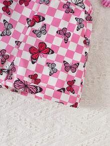 Young Girls Spring/Summer Knitted Ribbed Solid Color Flutter Sleeve Top & Butterfly Print Pink Suspender Shorts Set, Valentine's Day - Hot Pink - View 8