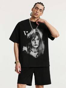 Tiny Spark 男士复古风黑色T恤，印有街头时尚人物图案 - 黑色 - 查看 4