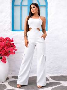 Premium Tailored Cargo Jumpsuit With Straps - trắng - Xem 3