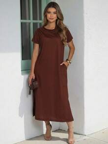 Comfortable Women's Midi Dress With Practical Pocket And Side Slit - Casual And Elegant - 深棕色 - 查看 9