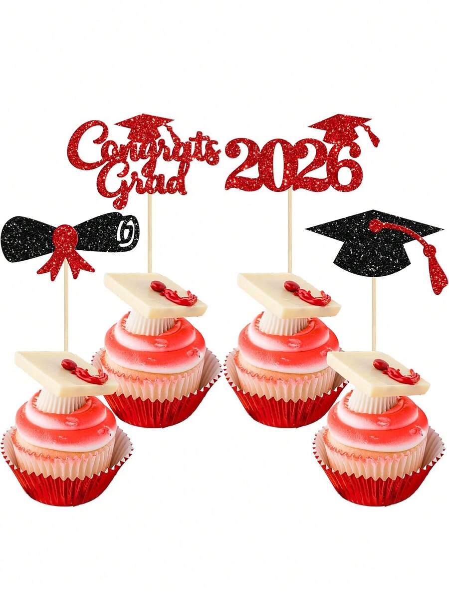 12 piezas Felicitaciones Graduado 2026 Decoraciones para Pastel - Decoraciones de Pastel de Graduación con Diploma y Birrete para Fiesta de Graduación de Escuela Secundaria y Universidad 2026 - negro rojo - Ver 1