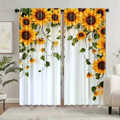 2pcs Sunflower Vine Curtain Set, 2D Flat Print, Translucent, Rustic Farmhouse Style, Perfect For Spring And Summer Home Decor, Suitable For Kitchens, Dining Rooms, And Living Rooms. Rod-Operated.
