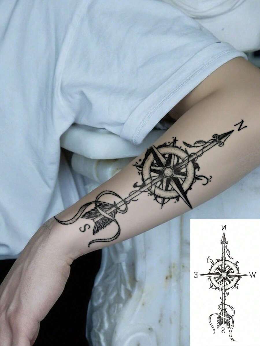 1 feuille de tatouage temporaire à la mode, style neutre, croquis, motif de texte de boussole et d'nœud et de flèche. Tatouage temporaire imperméable durant 2 à 5 jours, peut couvrir les cicatrices. Convient pour les bras, poignets, épaules, jambes, taille, cou, mains, poitrine, cuisses, doigts et autres parties. Convient pour les tatouages de couple, style croquis - noir - Voir 1