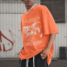 Oversized Graphic Tshirts For Men Acid Wash Los Angeles Vintage Tees Streetwear Baggy Cotton Shirts Casual Topssummer Outfits For Women - 橘色 - 查看 4