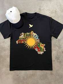 1 Piece T-Shirts With Kurdish Patterns, T-Shirts With Map Pattern, Men's Casual T-Shirts In Pure Cotton, Comfortable And Casual Style, Fashionable And Versatile T-Shirts, Suitable For Daily And Outdoor Activities, Streetwear, Summer T-Shirts, A Gift For Men. - Black - View 1