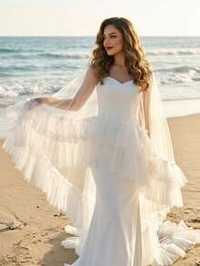 1件装时尚婚礼披肩，宽褶边长拖地礼服配饰，派对晚宴T台披风 - 彩色 - 查看 4