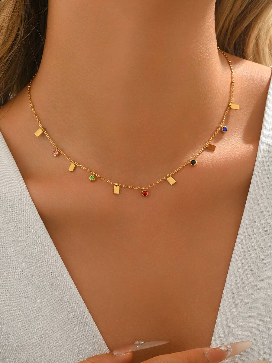 1 pieza Collar de acero inoxidable de moda con colgante rectangular, colgante de circonita cúbica de colores y brillantes, accesorio versátil y exquisito para mujer, elegante y sexy collar de clavícula - Dorado - Ver 1