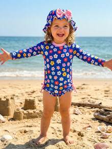 Infant Baby Girl Swimsuit One-Piece Long Sleeve Rash Guard With Hat Set Floral Zipper Bathing Suit Leopard Beach Wear - Blue - View 3