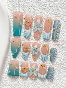 10Pcs Blue And Gold Fairytale Style Handmade Nail Art Set,Polygel Nail Set,Gold Starfish,Pearls,Flowers And Ocean Waves,Blue Nail Polish,Includes Nail Tools,3 Sizes Available,Almond Nails , Duck Nails,Coffin Nails For Party, Dance, Daily Wear - 彩色 - 查看 1