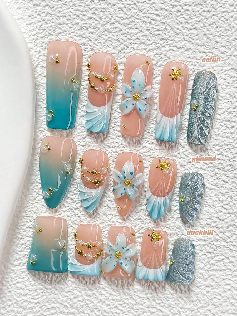 10Pcs Blue And Gold Fairytale Style Handmade Nail Art Set,Polygel Nail Set,Gold Starfish,Pearls,Flowers And Ocean Waves,Blue Nail Polish,Includes Nail Tools,3 Sizes Available,Almond Nails , Duck Nails,Coffin Nails For Party, Dance, Daily Wear - 彩色 - 查看 1