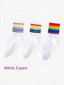3/6 Pairs Rainbow Striped Mid-Calf Socks For Women, Ins College Style Colorful Socks, Match With Leggings For Spring & Autumn - Multicolor - View 10