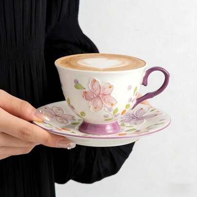1 Set Cute Soft 3D Embossed Floral Ceramic Tea Cup And Saucer, Purple Handle, Elegant Porcelain Tea Set, Suitable For Afternoon Tea And Kitchen Decor, Perfect Birthday And Valentine's Day Gift For Her And Floral Enthusiasts