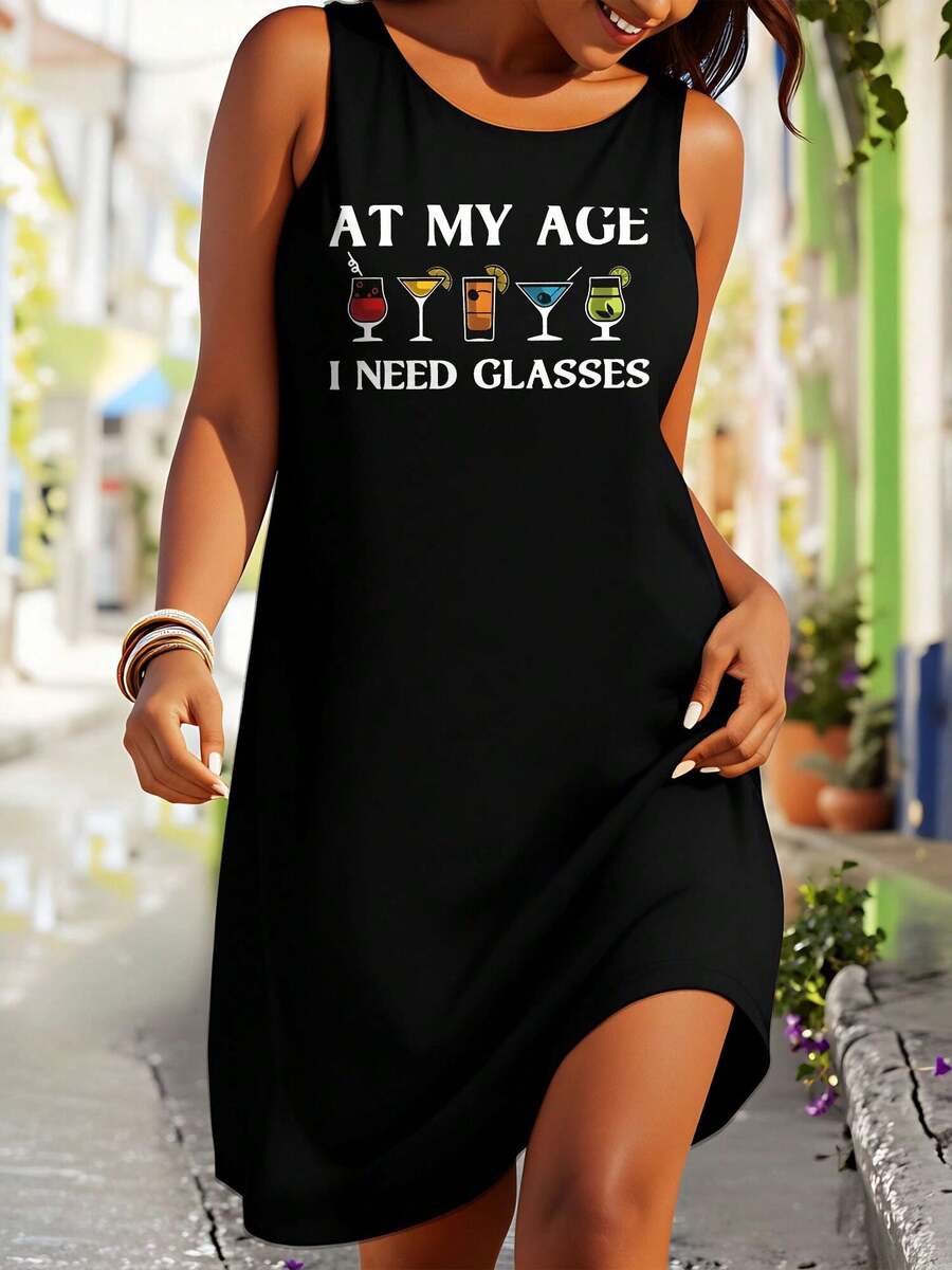 Plus Size Womens Elegant Casual Dress - At My Age I Need Glasses Print Fashion Sleeveless Crew Neck Dress - Perfect For Summer Vacation & Great Gift For Ladies - màu đen - Xem 1
