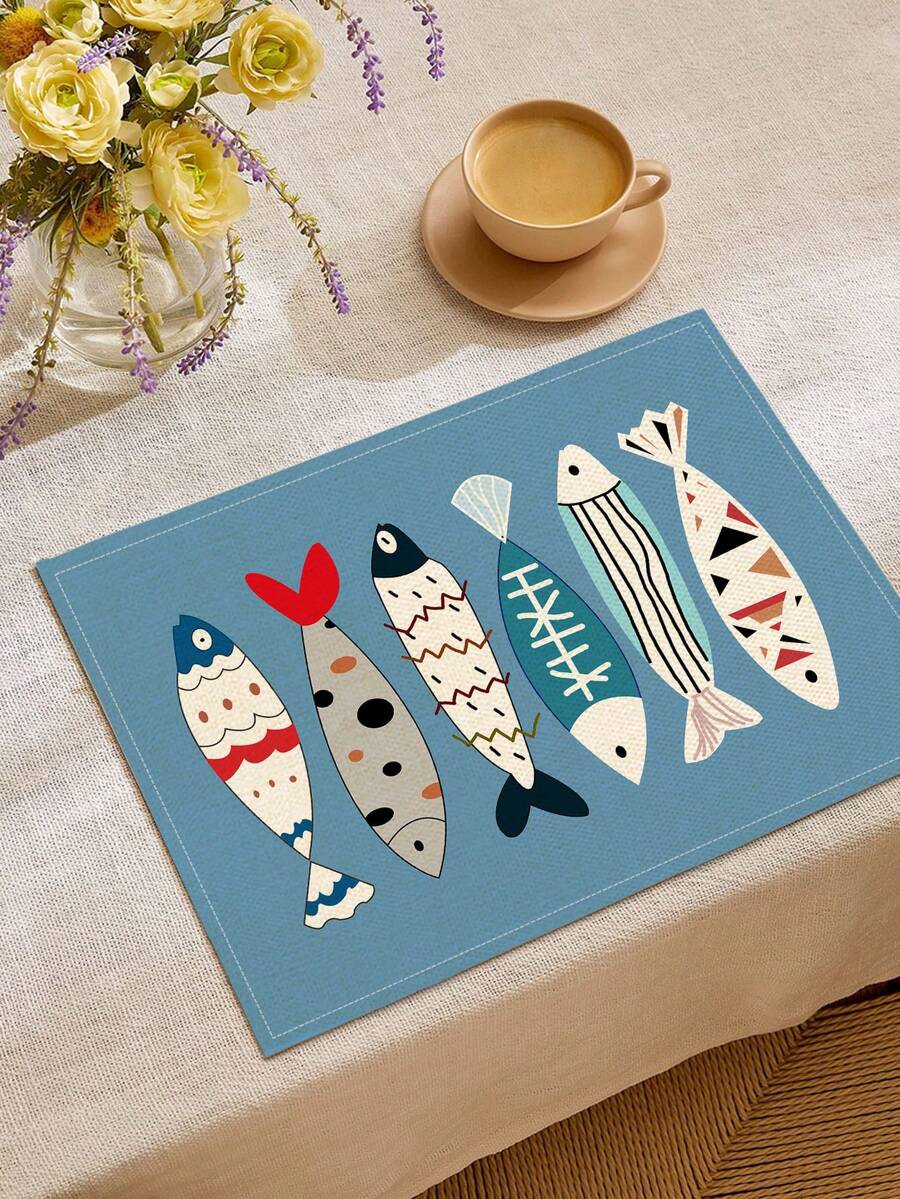 1/2/4/6/8pcs Digital Printed Placemats, Cartoon Fish Pattern Placemats For Daily Use, Festivals, Parties, Birthdays, Weddings, Dinners, Kitchen & Dining Room Decor - Multicolor - View 1