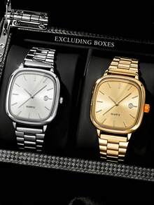 2件套轻奢金银双色情侣石英表套装，男女皆宜的配套饰品套装，包括银白色和金色方形日历手表，采用简约条形刻度和金属表带，展现精致高端的轻奢风格。 - 彩色 - 查看 10