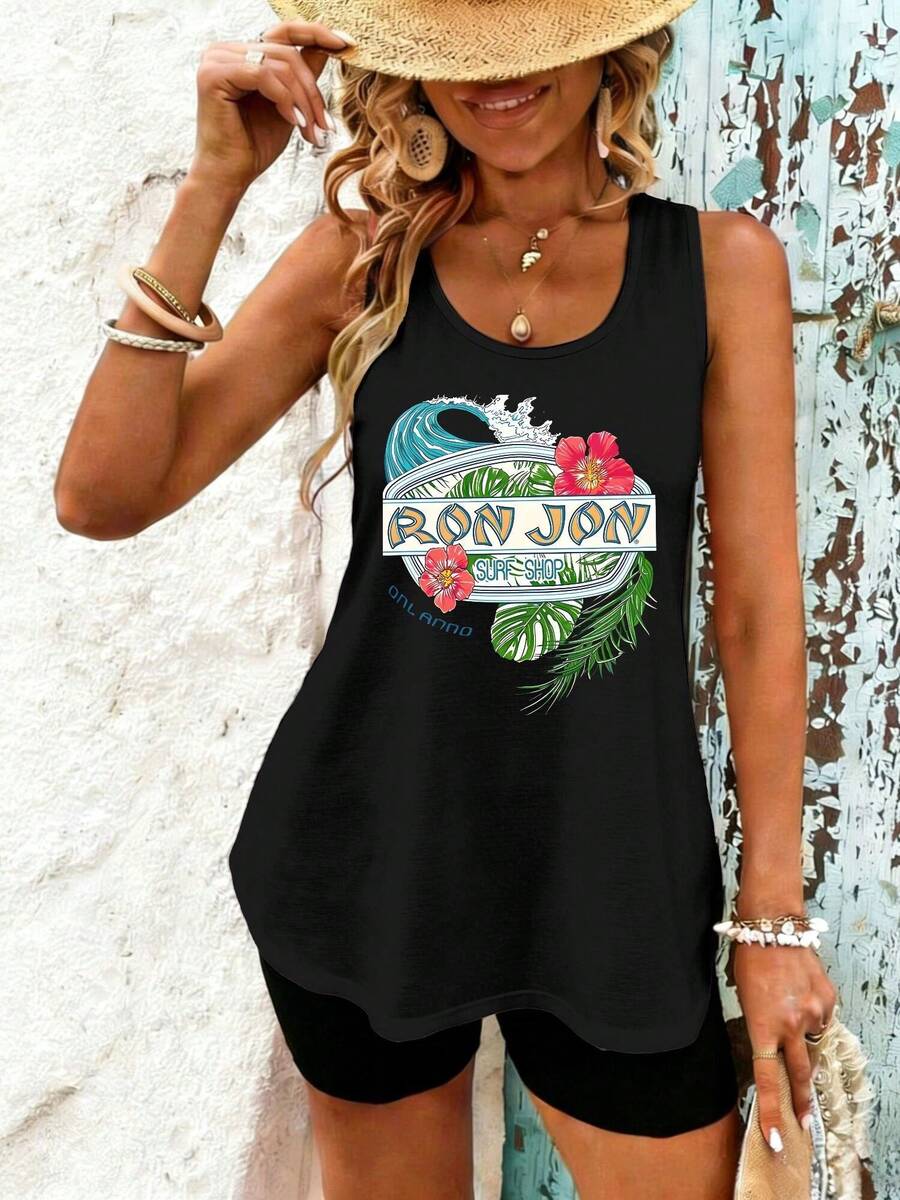 2 Piece Sets Women - Ron Jon Surf Shop Orlando, Graphic Vest Women Black Shorts, Workout, Pilates, Gym Sets, Tank Top & Shorts 2pcs, Beach Vacation Outfits Woman, Going Out Tops Women, Summer Outfits For Women - 黑色 - 查看 1