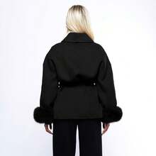 Women's Luxurious Solid Color Waist Tie Fuzzy Cuff Wrap Coat, Plush Thermal Outerwear Jacket For Fall & Winter - 黑色 - 查看 5
