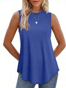 Soft Sleeveless Tank Top For Women Loose Fit Tunic T Shirts Solid Color Crew Neck Fashionable Vest For Travel - Xanh đậm - Xem 5