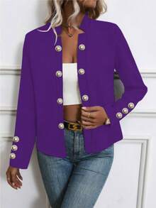 Chaqueta delgada con manga larga y abotonada de unicolor para mujer para primavera y otoño - Morado - Ver 2
