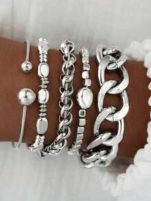5pcs Vintage Exaggerated Minimalist Old Coin Design Layered Chunky Chain Beaded Bracelet Set, Suitable For Date, Party, Ball, Holiday, Daily Outfit, Party/Festival Gift For Women - 銀 6 - 查看 7