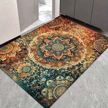 1 Piece Of Colorful Mandala-Style Flannel Floor Mat, Non-Slip And Machine Washable, Suitable For Entryway, Kitchen, Living Room, Bedroom, Bathroom - Blue, Orange, And Beige Floral Pattern Design, Bathroom Mat - 1pc - View 2