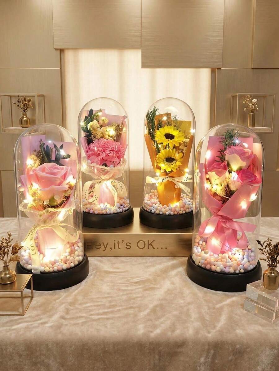 1件裝人造發光玫瑰花束禮盒，小向日葵、康乃馨與鬱金香花束，永生花夜燈，發光花卉禮物，適合送給她、妻子、媽媽、女性，聖誕節、情人節、生日、母親節，居家裝飾、房間裝飾 - [多色] - 查看 1