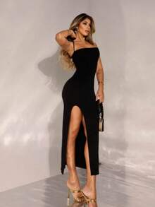 Vestido Preto Suplex Longo Alta Gramatura com Bojo Fenda Lateral Festa Elegante Noite - Preto - Visão 2