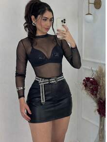 Women's Faux Leather Skirt + Long-Sleeved Tulle Blouse Set - Autumn/Winter Fashion - Vải tuyn đen - Xem 3