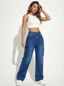 Wide-Leg Denim Pants With A Flattering High Waist And Functional Cargo-Style Side Pockets - Medium Blue H2KB14 - View 4