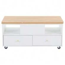 Height-Adjustable Coffee Table With Folding Function And 4 Drawers, 100 X 50 X 47.5 Cm, One Large And One Small Hydraulic Lifting Table, Mobile Living Room Table With Universal Wheels, Side Table For Sofa. - Natural Color - View 10