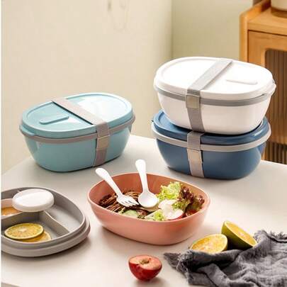1 hộp đựng salad hai lớp, có thể chứa nhiều thực phẩm, kèm hộp đựng nước chấm nhỏ, hộp cơm trưa di động kèm dao nĩa, dùng được trong lò vi sóng và máy rửa chén (Màu hồng)
