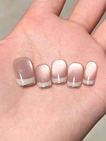 10 móng tay giả vuông ngắn, làm thủ công 100%, màu trắng và nude, kiểu dáng mắt mèo, bóng bẩy, lấp lánh, thiết kế đơn giản, thanh lịch cho cả bốn mùa và cuộc sống hàng ngày.