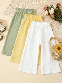 3pcs Girls' Bubble Gum Solid Color Wide Leg Pants, Soft & Comfortable Minimalist All-Match Versatile, Suitable For Spring, Summer, Autumn - Multicolor - View 8