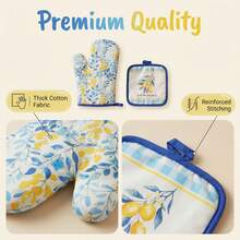 2 件套夏季柠檬印花隔热手套和隔热垫套装，耐热加厚涤纶厨房手套，防滑设计，适用于烘焙烹饪（包含 1 个隔热手套和 1 个隔热垫） - 彩色 - 查看 3