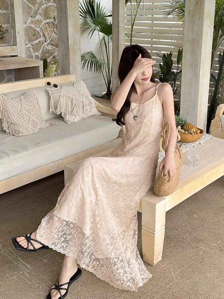[Free Shipping] Women's Embroidered A-Line Long Dress, Sleeveless, Spaghetti Straps, Flared Hem, Woven Fabric, Casual Elegant Style - 白色 - 查看 1