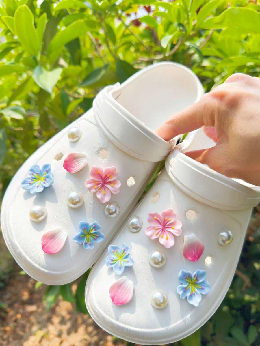 18件組 粉色/白色花朵、粉色花瓣、白色ABS珍珠鞋飾DIY裝飾,多功能鞋配件,適用於女士涼鞋、拖鞋、園藝鞋、沙灘鞋,度假禮物 - 彩色 - 查看 1