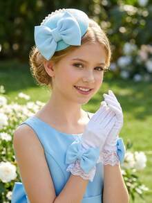 2件套泡泡领结帽+领结手套，蓝色泡泡珍珠夹式迷你帽，婚礼摄影道具，婚礼装饰发饰，派对拍照道具，婚礼用品，花环，腕花，亲子套装 - 藍色 - 查看 7