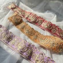 2026新款 100cm 紗麗布料裝飾 - 多色刺繡紗麗邊飾，適用於杜帕塔 - 刺繡布蕾絲 - 紫色 - 查看 2