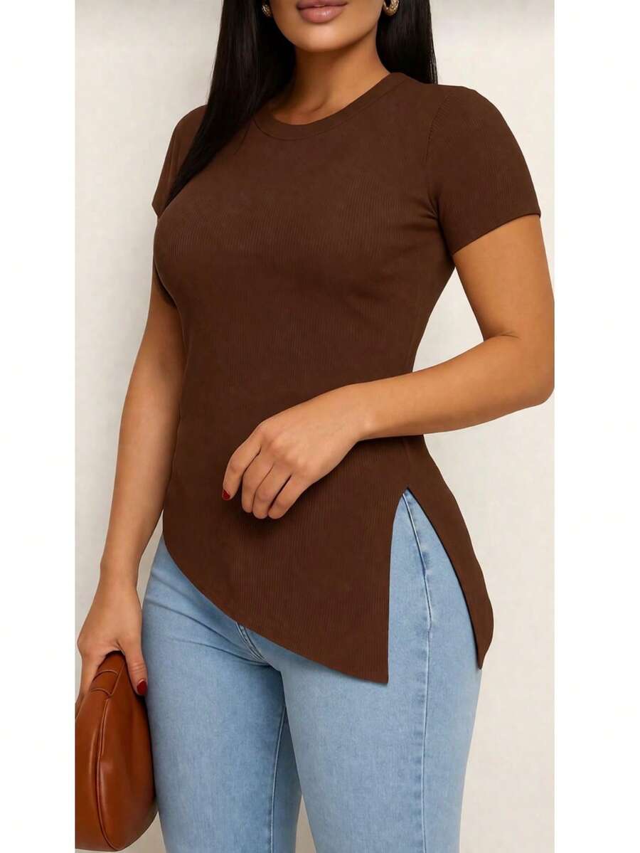 Women's Ribbed Blouse With Asymmetrical Short Sleeves And Slit - Óxido marrón - Ver 1