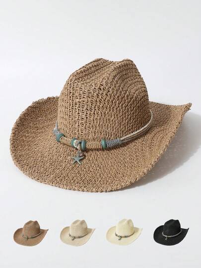 Sombrero de paja tejido transpirable de estilo unisex para primavera/verano, sombrero de Panamá, sombrero de vaquero occidental para el sol del verano, adecuado para la playa, vacaciones y uso diario