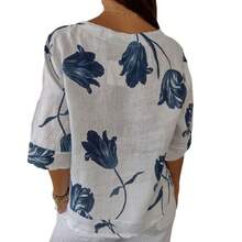 2026 New Printed Cotton-Linen V-Neck Short-Sleeve Pullover Shirt, Summer Outfits For Women - 黃色 - 查看 6