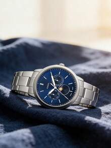 Fossil Đồng hồ đeo tay unisex bằng thép không gỉ, máy quartz, hiển thị chu kỳ mặt trăng, mặt số đen với 3 mặt số phụ, phù hợp để đeo hàng ngày và trong nhiều dịp khác nhau. FS5906 - Màu xanh lam - Xem 2