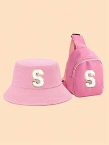 2件套儿童粉色26字母渔夫帽+斜挎包，可爱个性化拍照沙滩帽，轻便时尚日常户外遮阳帽 - 粉色 - 查看 35
